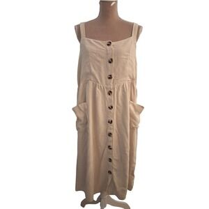 The Main Street Exchange Linen Blend Button Front Midi Dress Beige XL Pockets